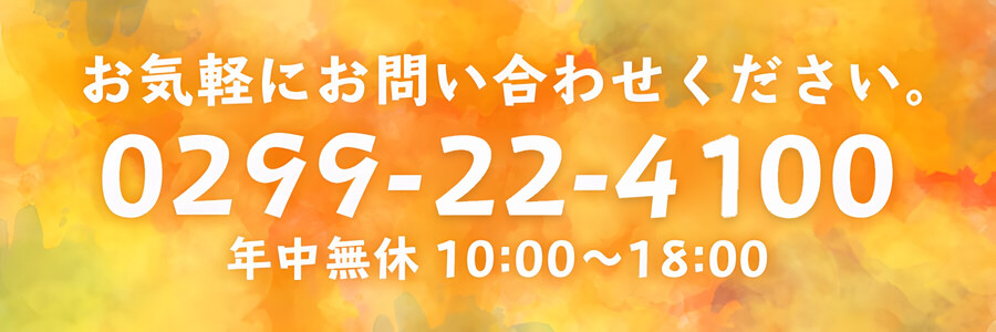 お気軽にお問い合わせください。0299-22-4100 年中無休 10:00〜18:00